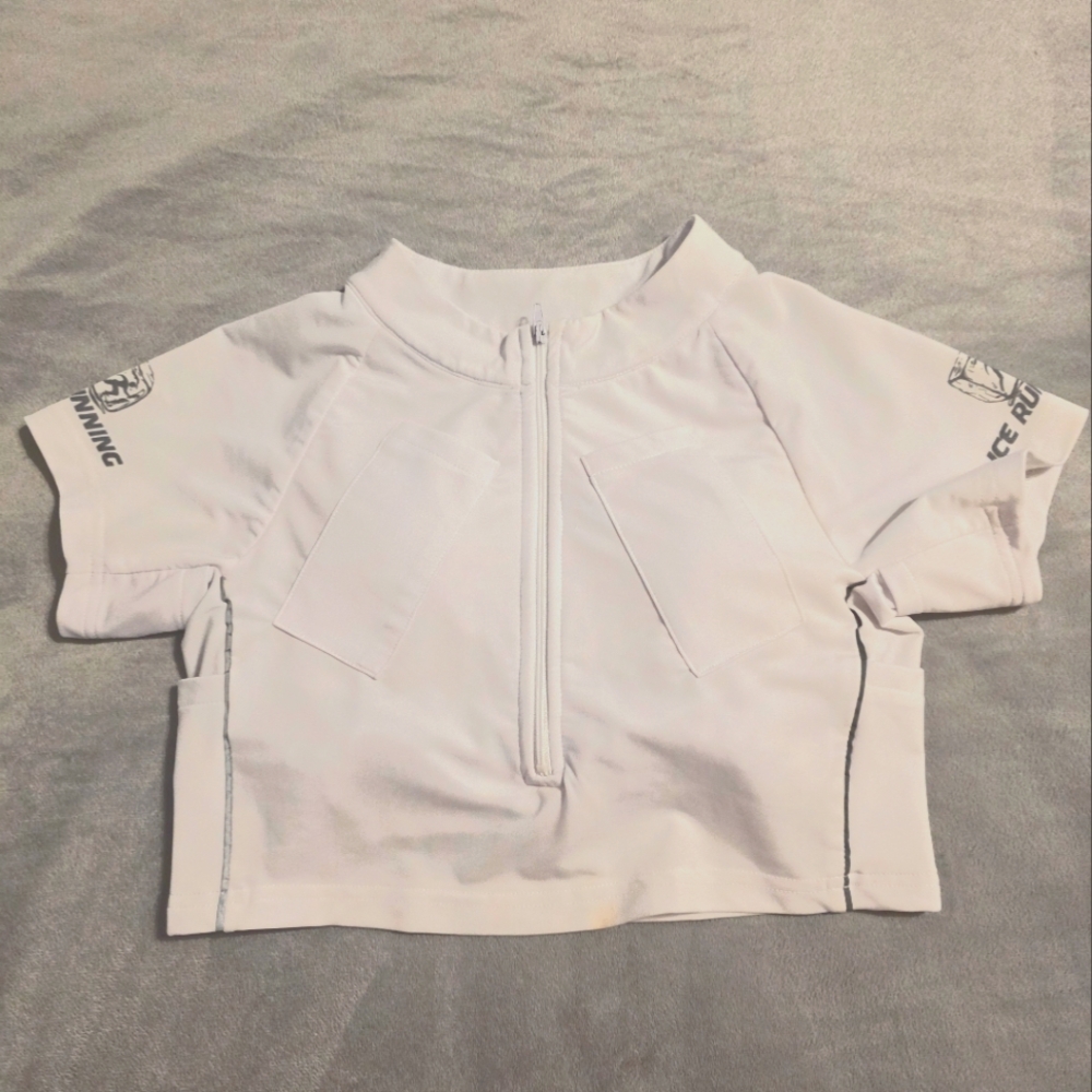 Ice Running White Short Sleeve Zip-Up Crop Top